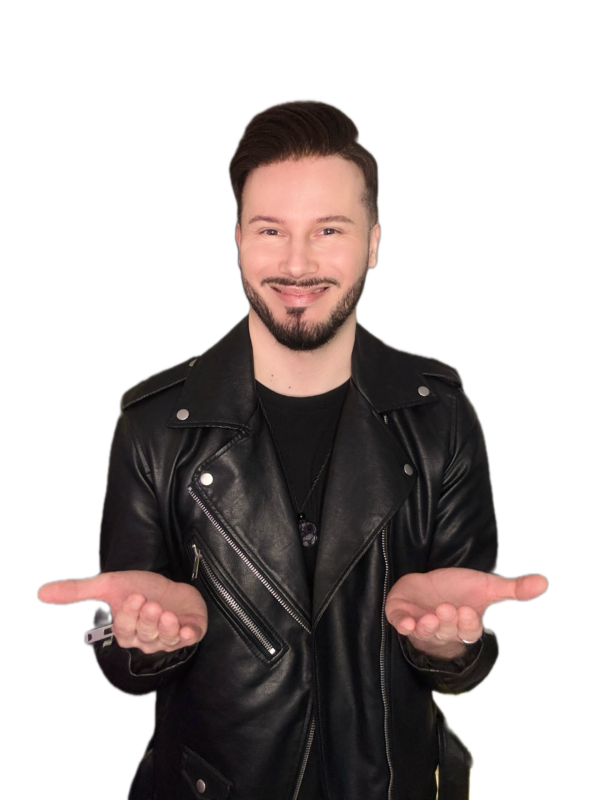 mężczyzna z otwartymi dłońmi wyciągniętymi przed siebie